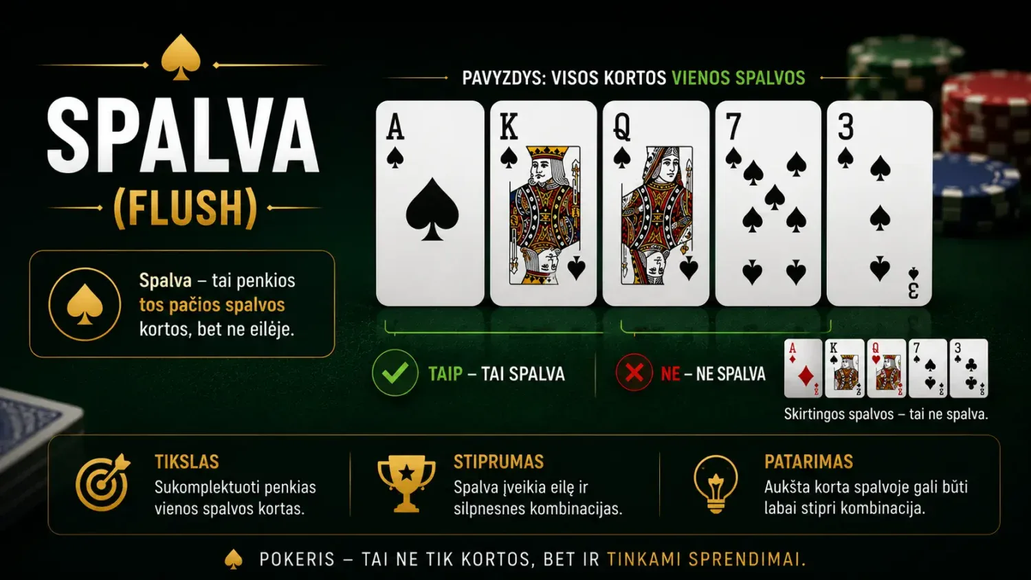 Pagrindinės pokerio kombinacijos ir tikimybės laimėti 6 flush